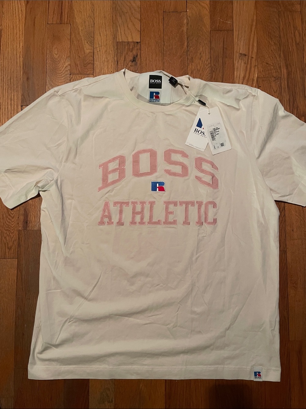 Boss White Short-Sleeve Athletic Logo Tee with Pink Lettering